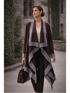 St John Collection Cardigan Women L Wool Waterfall Draped Knit Minimalist Brown